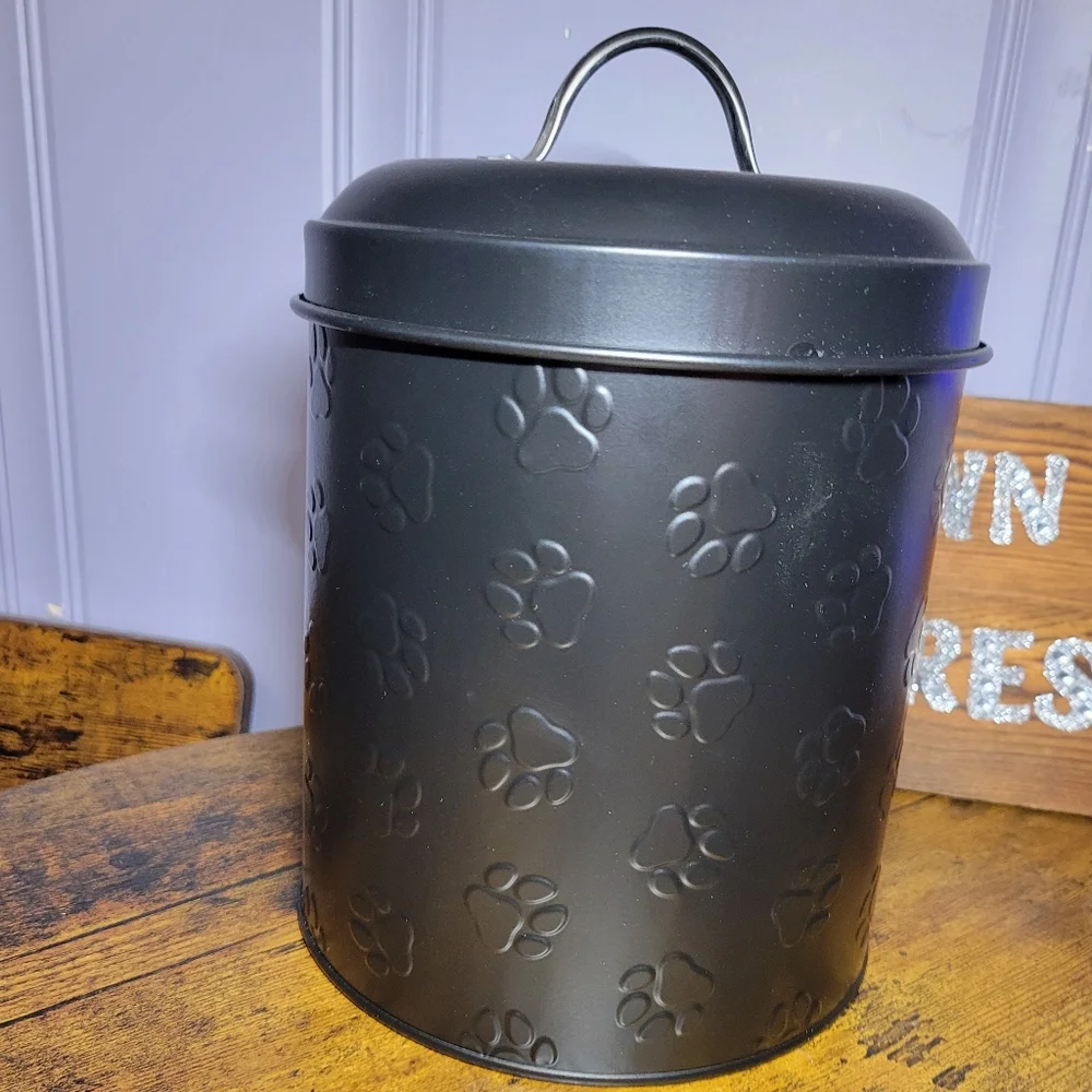Amici Black metal Paw Print pet treat Storage Canister/lid-black